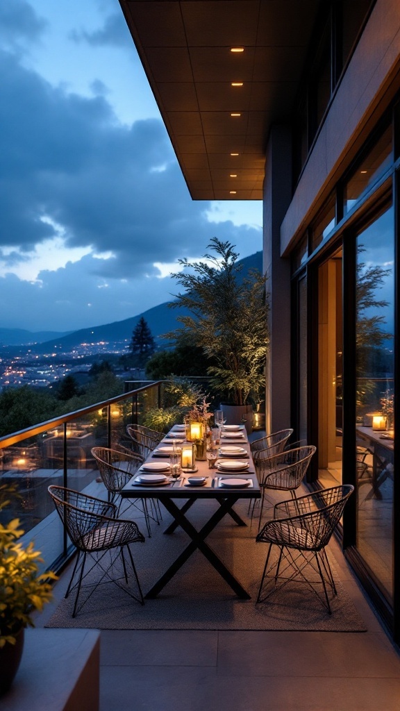 A beautifully set balcony for entertaining, featuring a dining table surrounded by chairs and warm lighting.