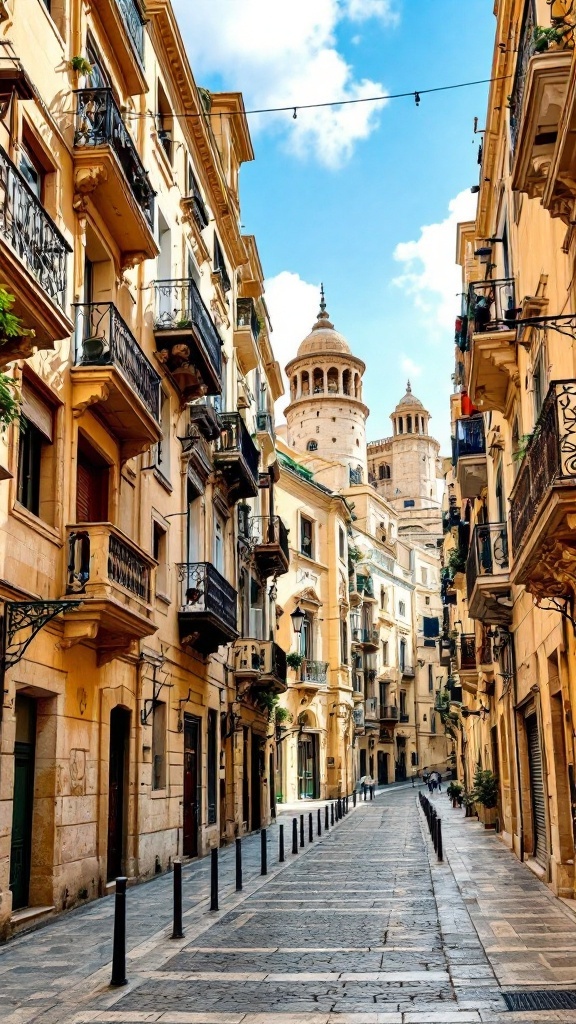 A picturesque street in Valletta with traditional Maltese balconies and historic buildings.