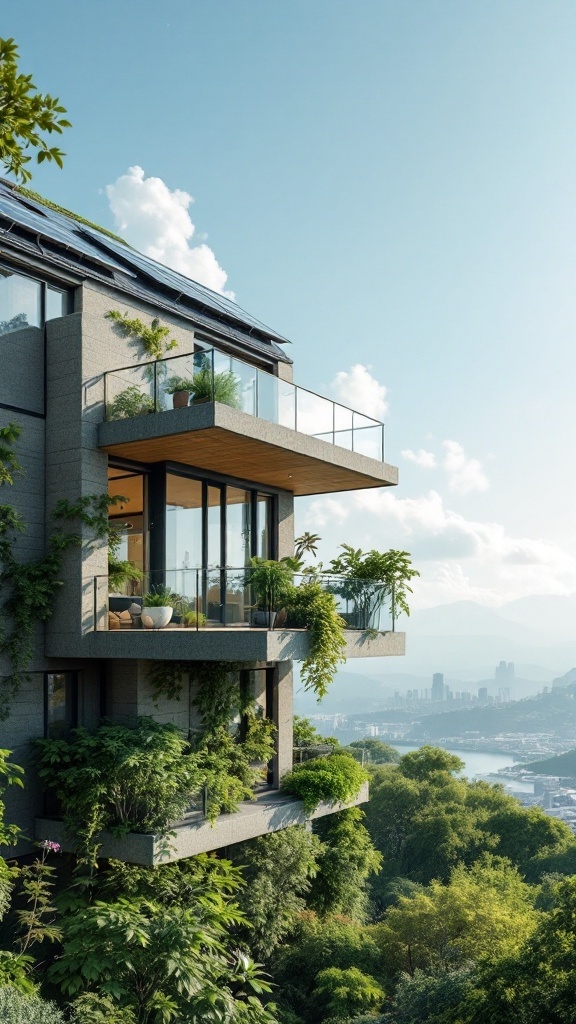 A modern building with balconies surrounded by greenery and scenic views.