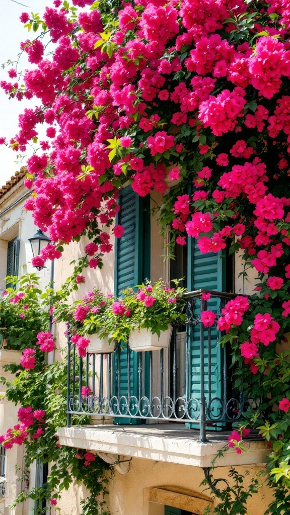 A beautiful Maltese balcony adorned with bright pink bougainvillea flowers.