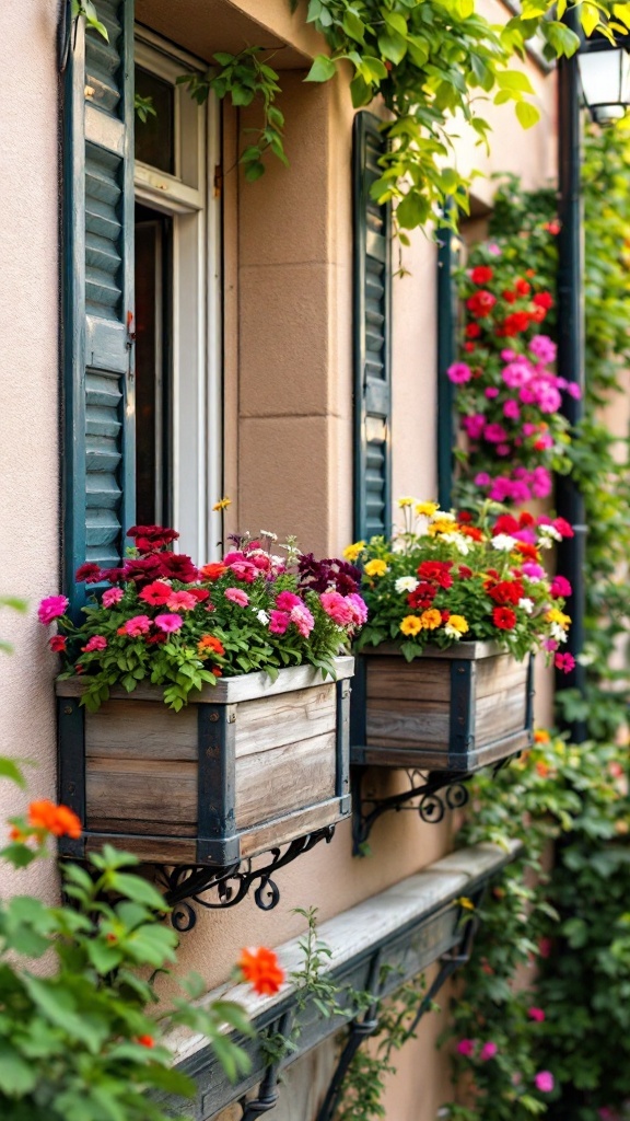 Balconies with colorful built-in planters overflowing with flowers