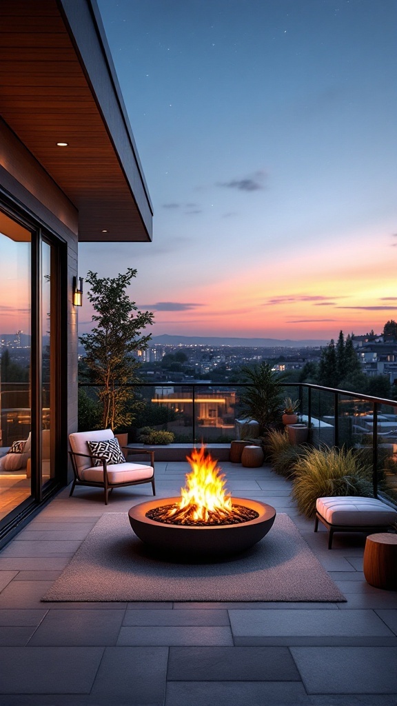 A stylish balcony featuring a fire pit, comfortable seating, and a stunning sunset view.