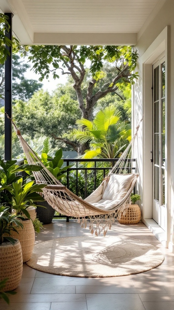 A relaxing balcony featuring a hammock surrounded by plants and a cozy atmosphere.