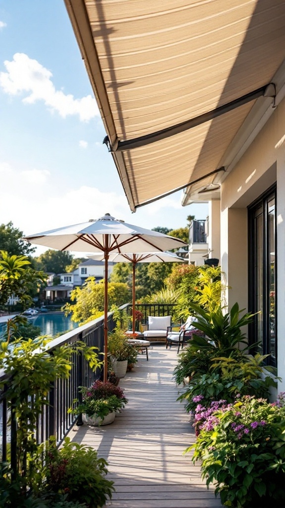 A stylish balcony featuring a retractable awning and an umbrella, surrounded by lush plants.