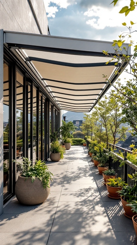 A modern balcony with a retractable roof and planters