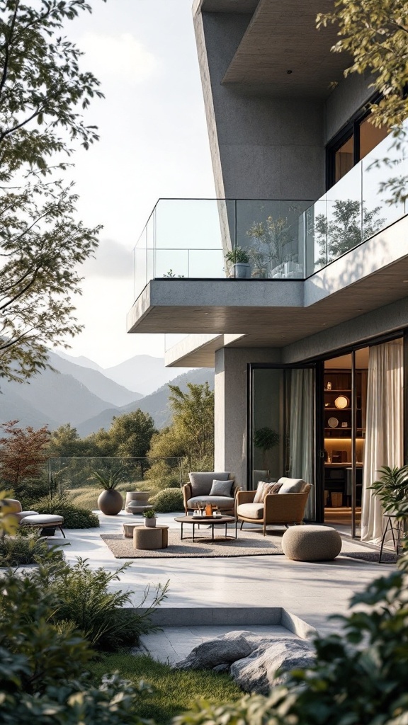 A modern balcony with clear glass railing overlooking a scenic landscape.