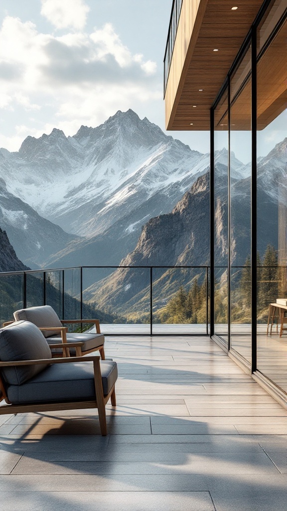 A modern balcony with clear glass overlooking a scenic mountain landscape.