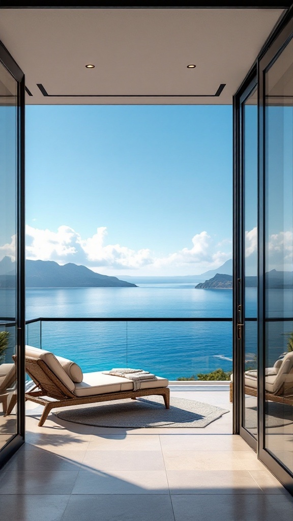 A serene balcony overlooking a beautiful ocean view with a lounge chair and blue sky.