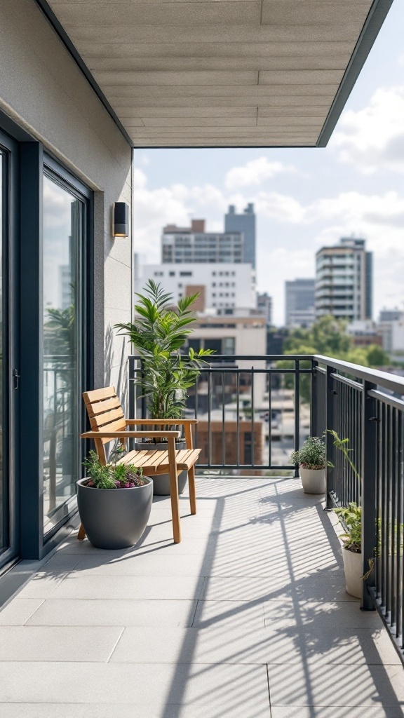 A stylish balcony with a wooden chair, potted plants, and a view of a city skyline.