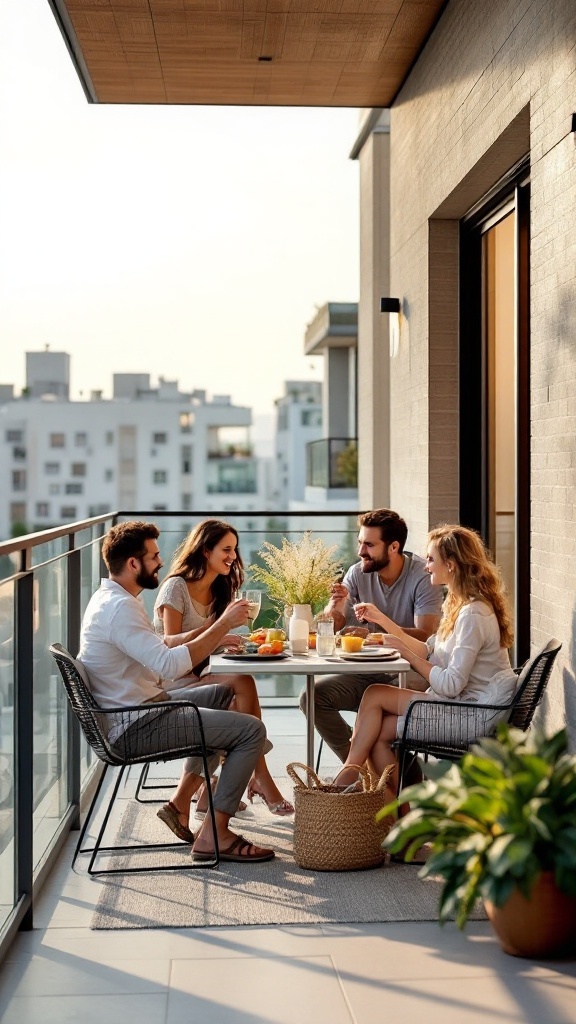 A group of four friends enjoying a meal together on a stylish balcony.