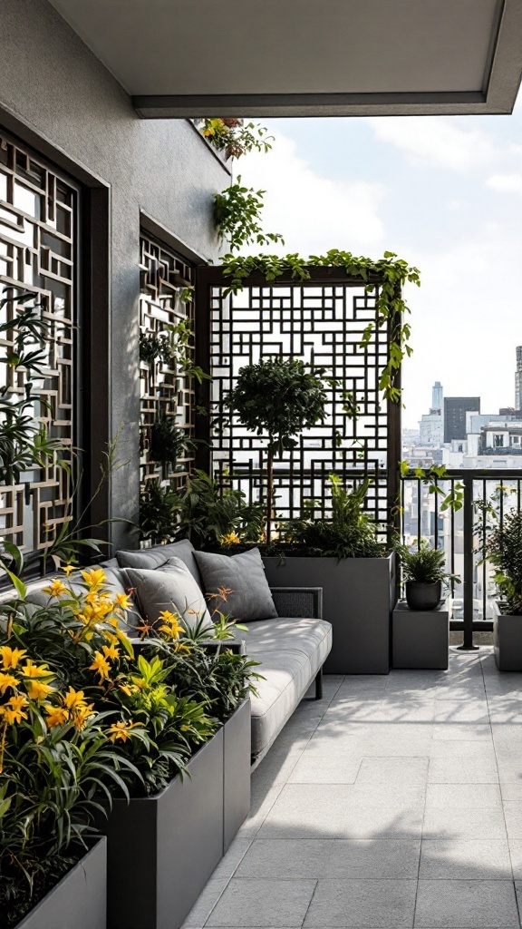 A stylish balcony featuring privacy screens, flowers, and seating.