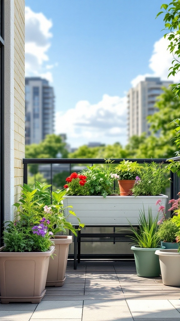 A vibrant balcony garden with various plants and flowers in pots, showcasing a sunny day outdoors.