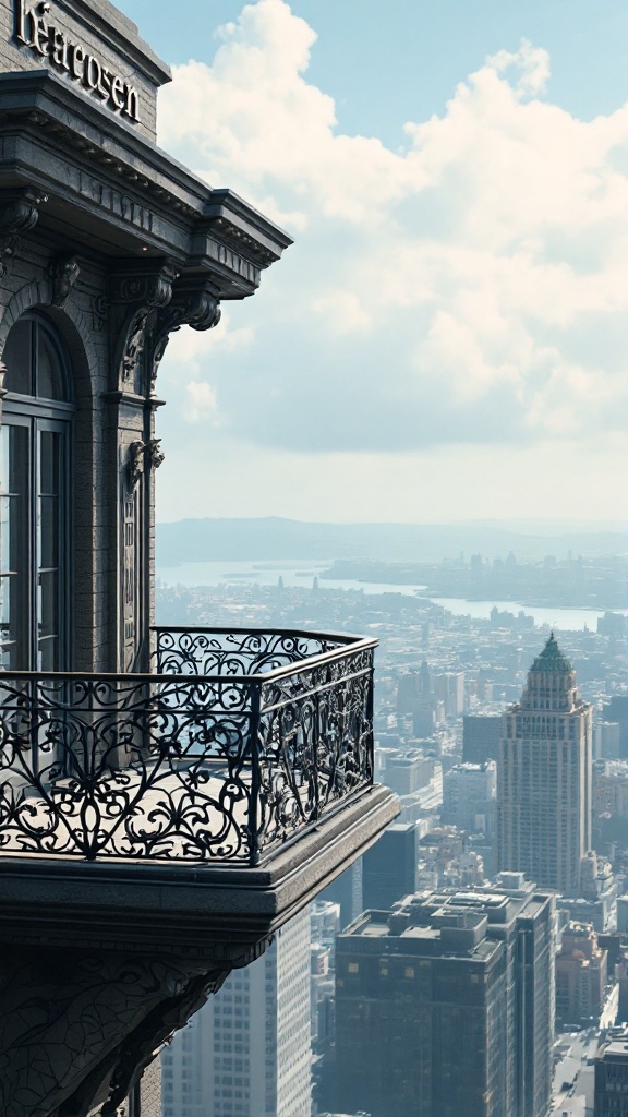 A cantilevered balcony featuring ornate railings overlooking a city skyline.