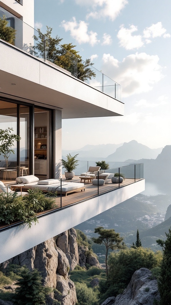 A modern cantilevered balcony with retractable glass walls, overlooking a scenic landscape.