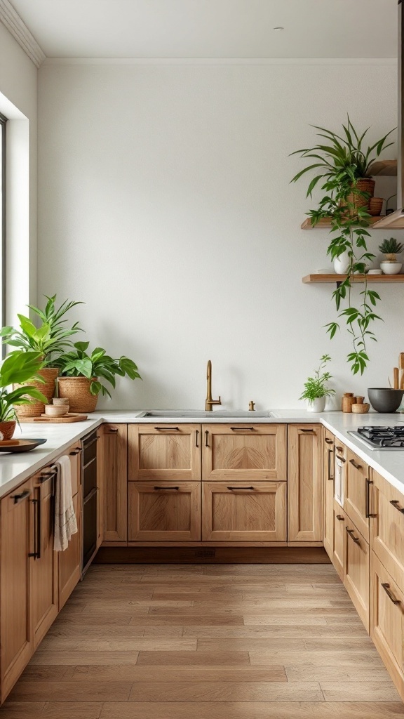 A modern kitchen featuring wooden cabinets and plenty of greenery.