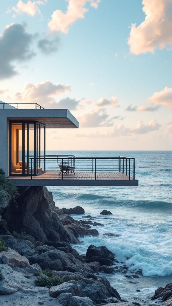 Beach house with a cantilevered deck overlooking the ocean