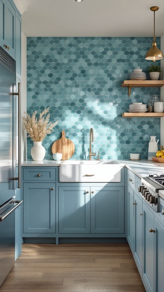 Kitchen featuring beachy blue glass dado tiles with a modern design