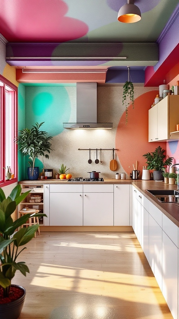 A modern kitchen featuring a colorful false ceiling with bold accents and plants.