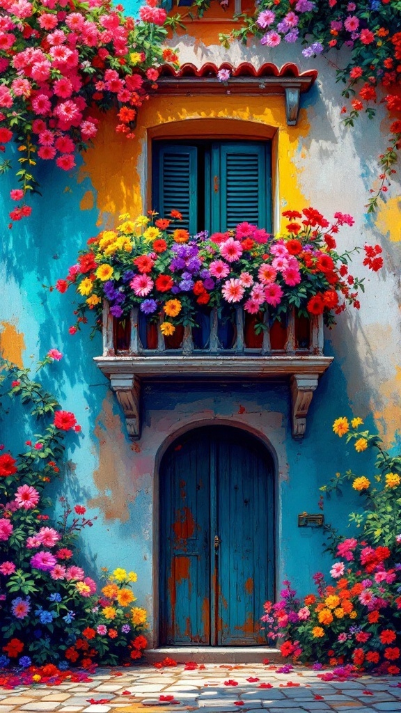 A colorful Juliet balcony adorned with flowers and a bright blue door.