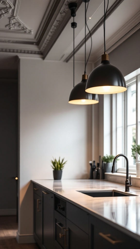 Stylish kitchen with bold pendant lighting and modern decor.