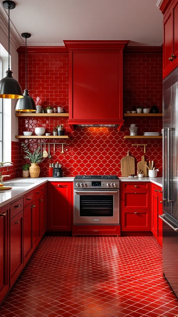 A modern kitchen featuring bold red dado tiles, with red cabinets and light accents.