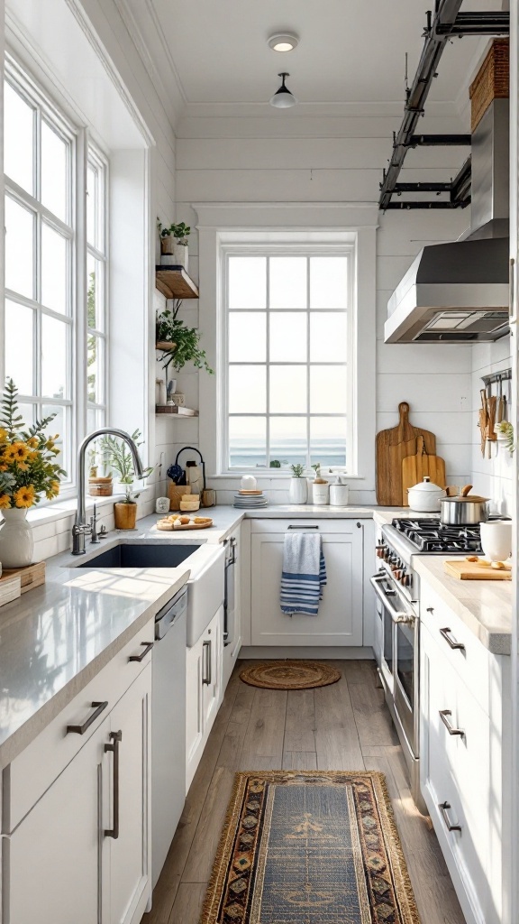 A bright and airy galley kitchen with coastal vibes featuring large windows, white cabinets, and natural decor.