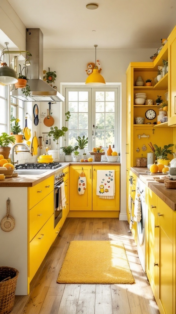 Galley kitchen featuring bright yellow cabinets and decor.