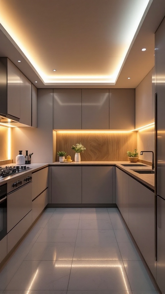 Modern kitchen with bright LED strip lighting highlighting the ceiling and cabinets.