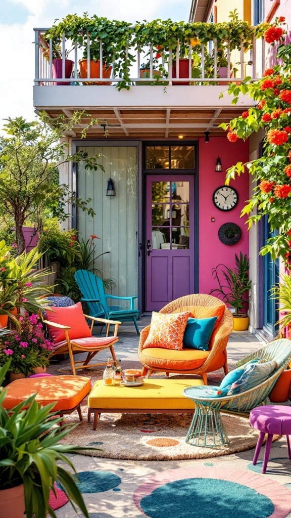 Colorful outdoor seating area with plants and bright decor.