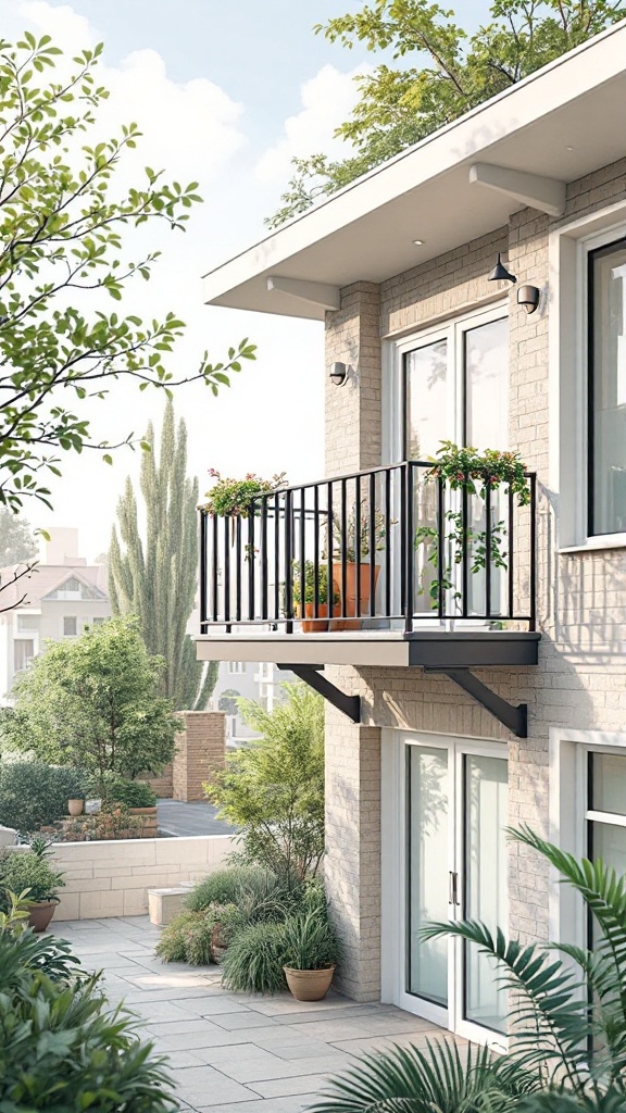 A modern balcony design with plants and a clean aesthetic.