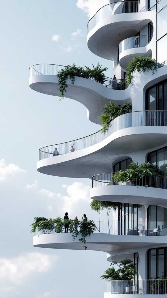 A modern building featuring cantilevered balconies with plants and people enjoying the space.