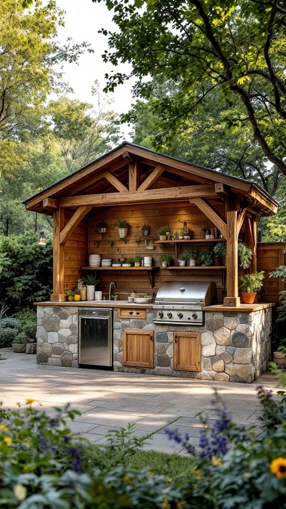 A rustic outdoor kitchen with a wooden structure and stone accents surrounded by greenery.