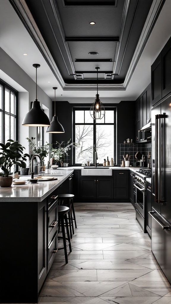 A modern black and white kitchen with stylish ceiling design and elegant lighting.