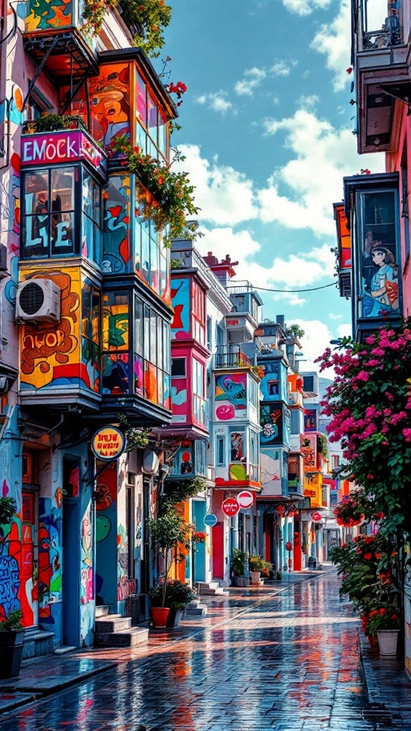 Colorful artistic neighborhood with glass balconies and street art.