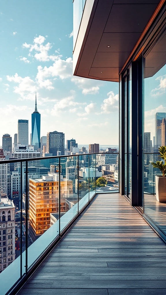 A modern Juliet balcony with glass balustrades overlooking a cityscape.