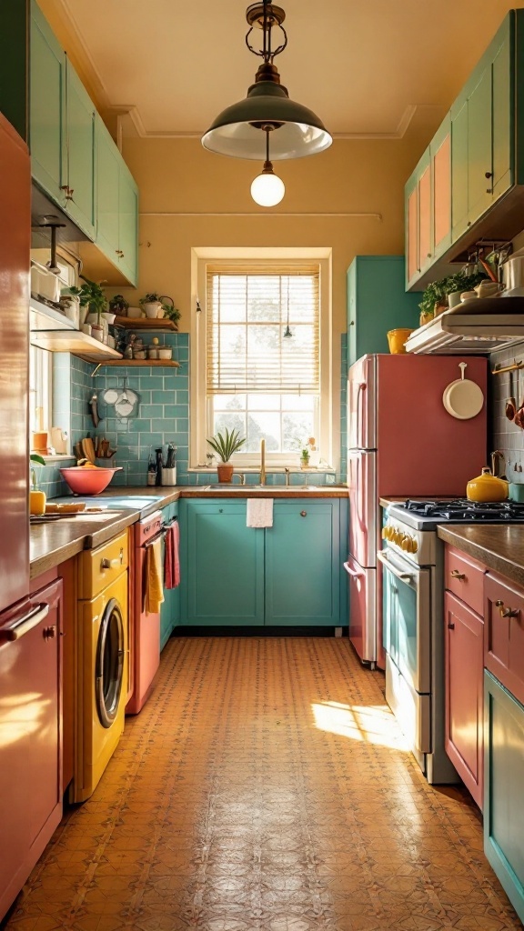 Chic retro-inspired galley kitchen featuring colorful cabinets and vintage appliances