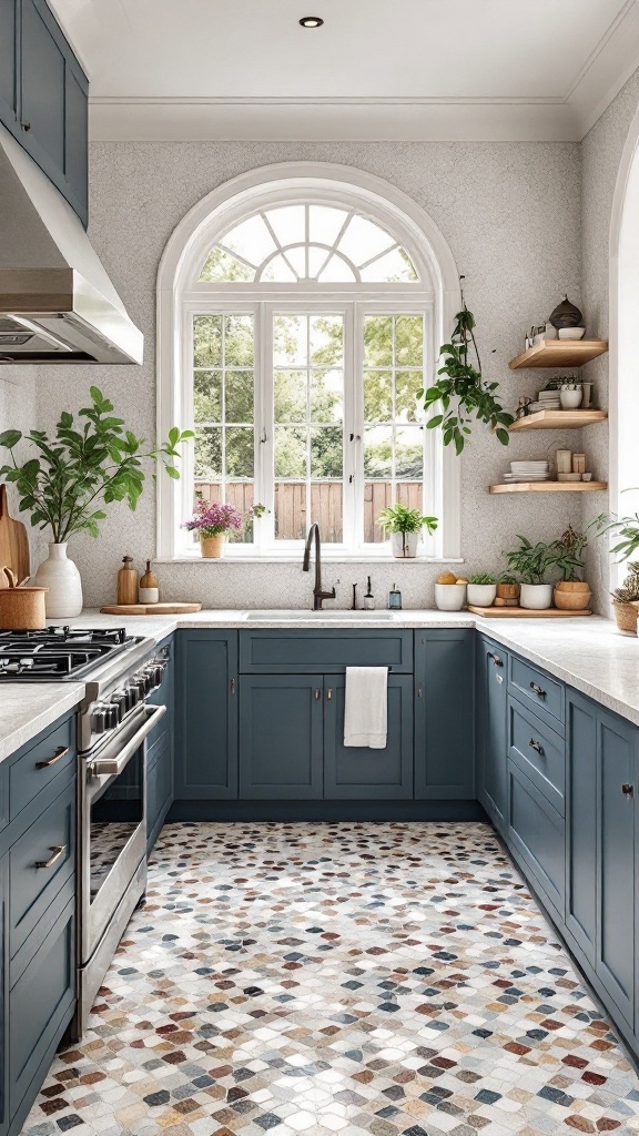 Chic kitchen featuring terrazzo dado tiles with a cozy design