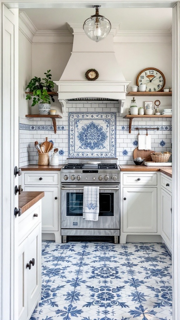 A kitchen featuring classic blue and white dado tiles with floral patterns on the floor and wall.