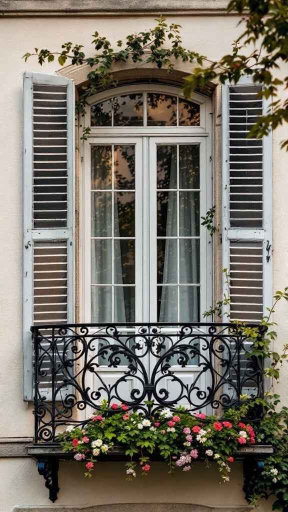 A classic French balcony with intricate black iron railing adorned with pink flowers.