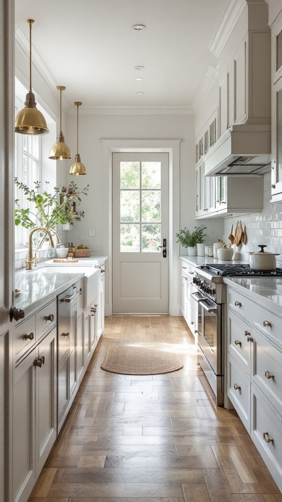 A classic white galley kitchen featuring sleek cabinetry, gold fixtures, and plants.