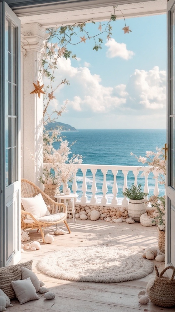 A cozy Juliet balcony overlooking the ocean, decorated with plants and soft furnishings.