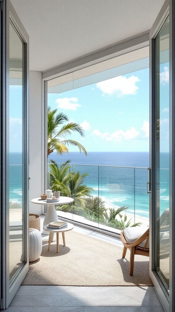 Coastal balcony with glass railings overlooking the ocean and palm trees