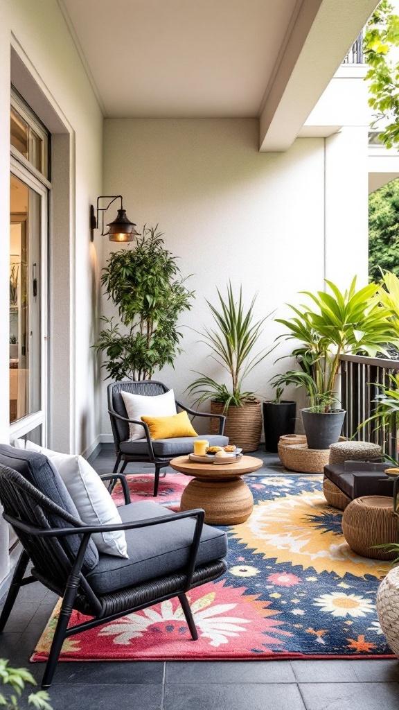 A cozy balcony featuring colorful outdoor rugs and comfortable seating.