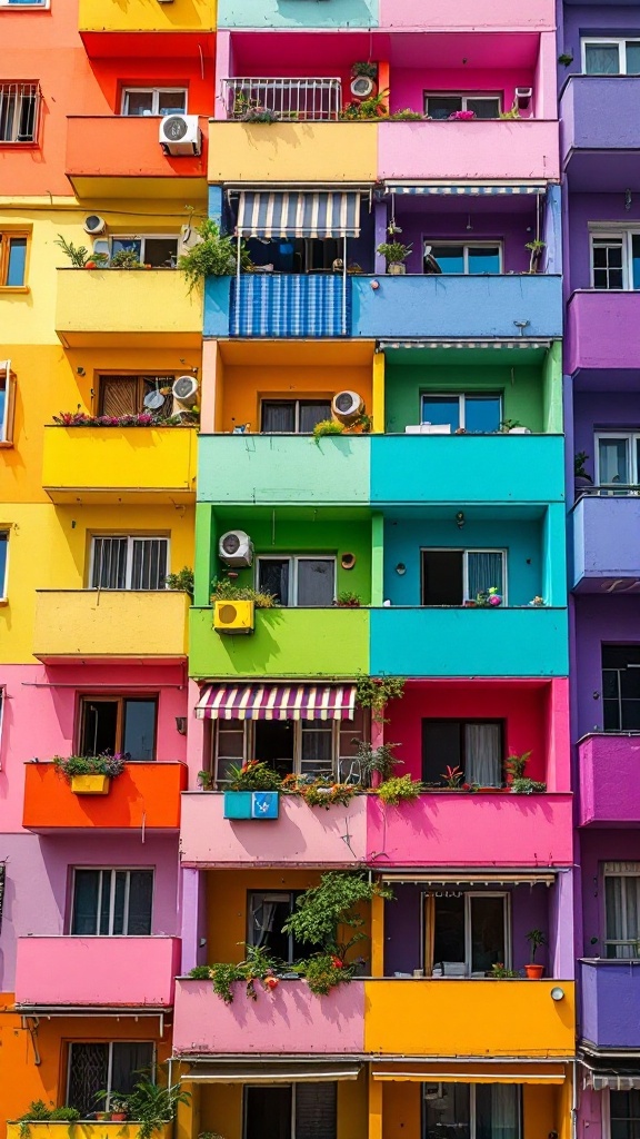 Colorful stacked balconies with plants and air conditioning units.