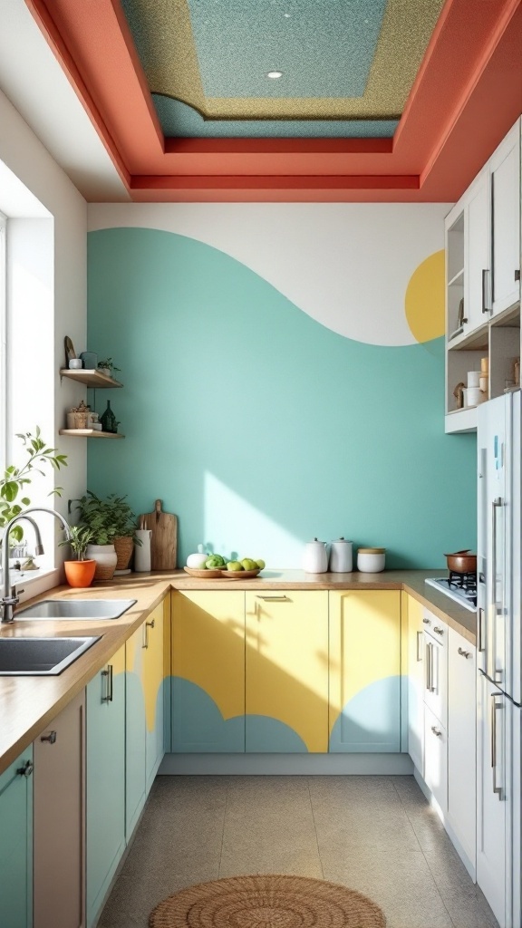 A kitchen featuring a colorful false ceiling with shades of red, blue, and yellow.