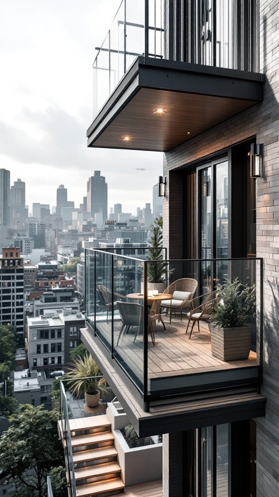 A modern balcony with a stylish seating area and a great view of the city skyline.