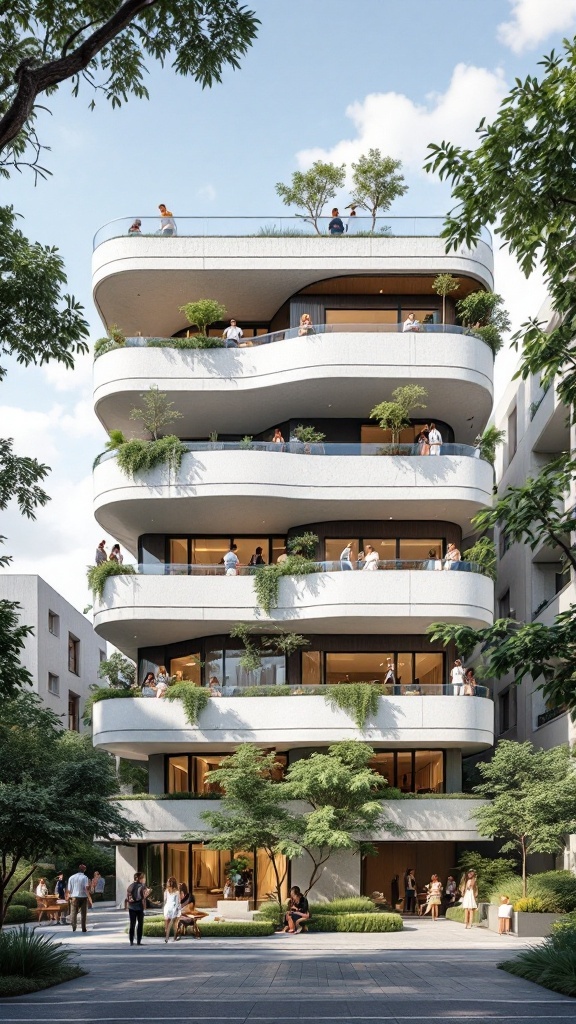 A modern stacked architectural building with lush balconies and people enjoying the community space.