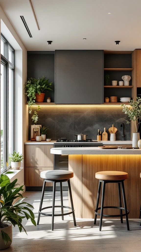 A modern compact kitchen featuring a breakfast bar with stools, stylish decor, and plants.