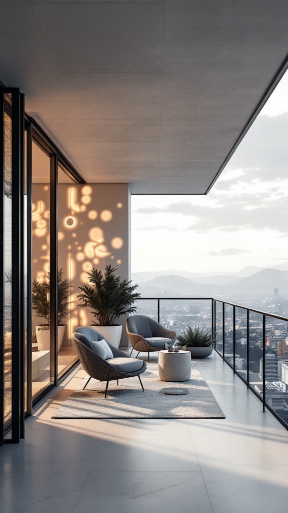 A modern balcony featuring stylish furniture and artistic privacy screens, overlooking a city landscape.