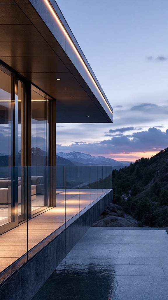 A contemporary balcony featuring integrated lighting, showcasing a modern design with glass railing and scenic mountain views.